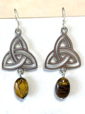 2/$20, Tiger's Eye Triqueta Earrings, Natural Gemstone & Sterling Silver Hooks